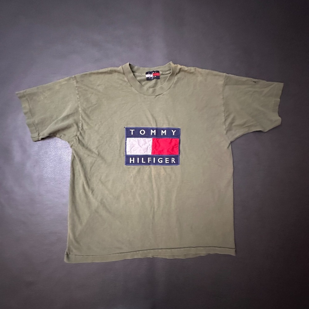 Vtg 1990s Tommy Hilfiger T Shirt Mens XL Green Boxy Faded Single Stitch Skater